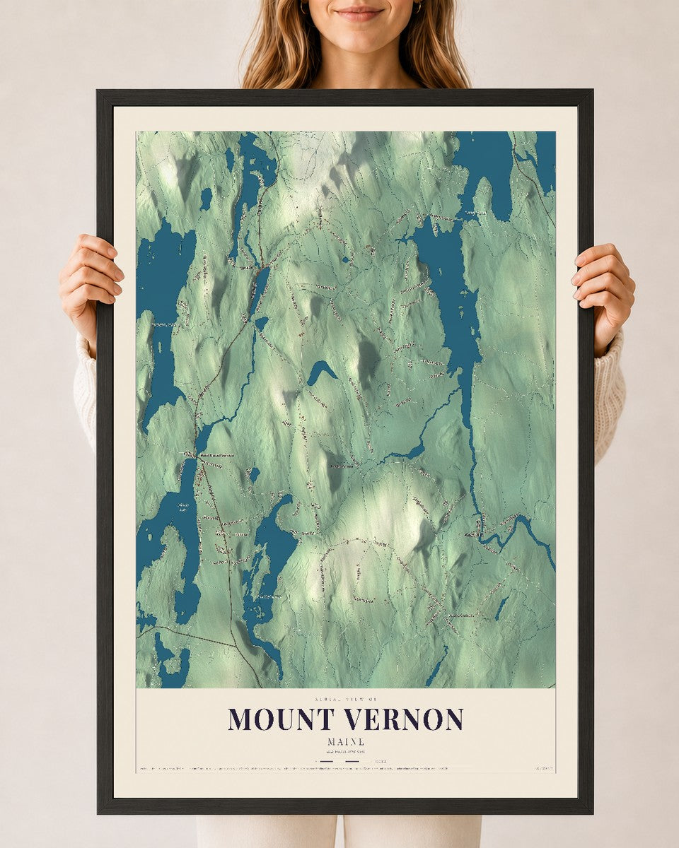 Mount Vernon, Maine map print - 24 x 36 black Ayous wood frame