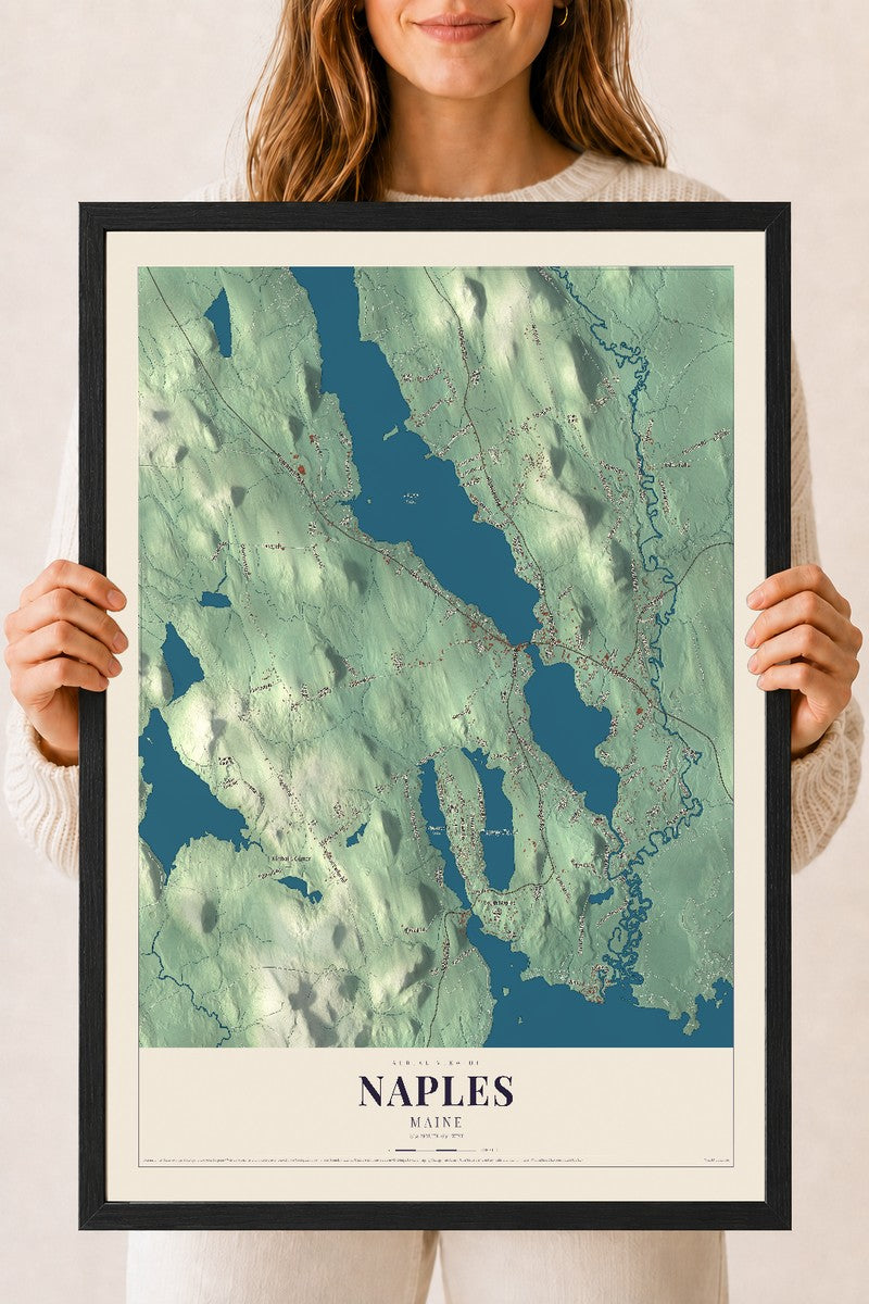 Naples, Maine map print - 18 x 24 black Ayous wood frame