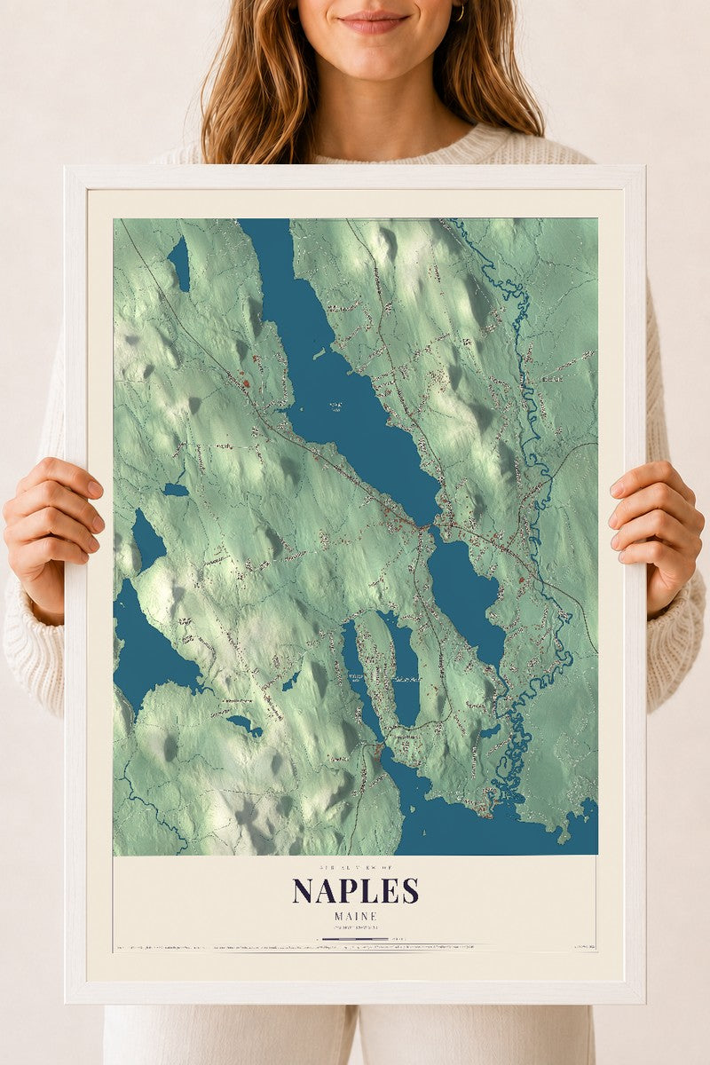Naples, Maine map print - 18 x 24 white Ayous wood frame