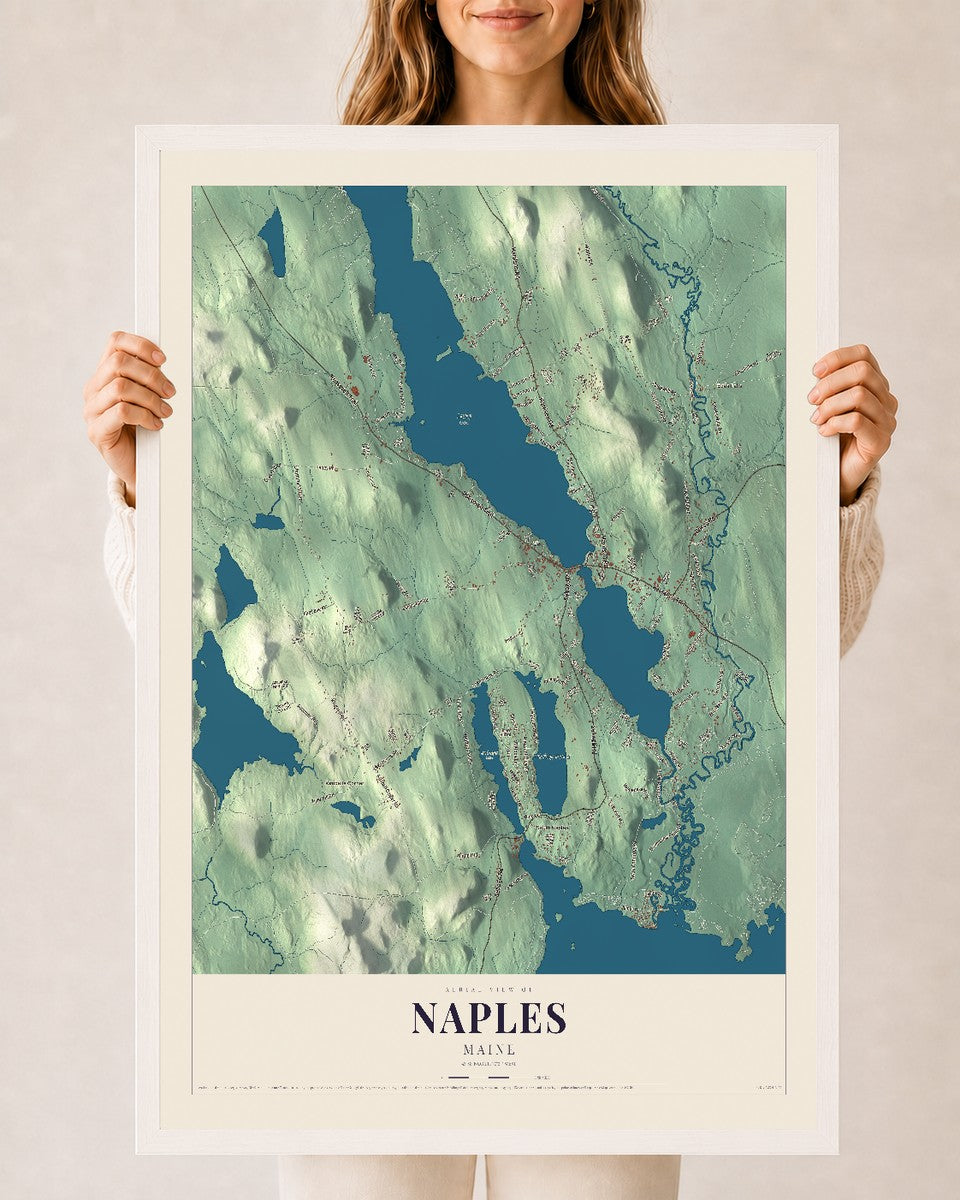 Naples, Maine map print - 24 x 36 white Ayous wood frame