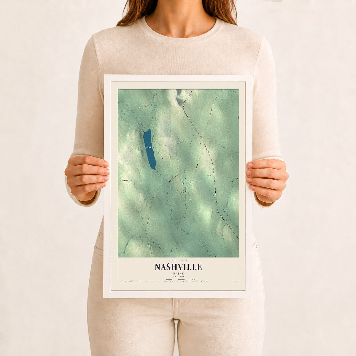 Nashville, Maine map print - 12 x 18 white Ayous wood frame