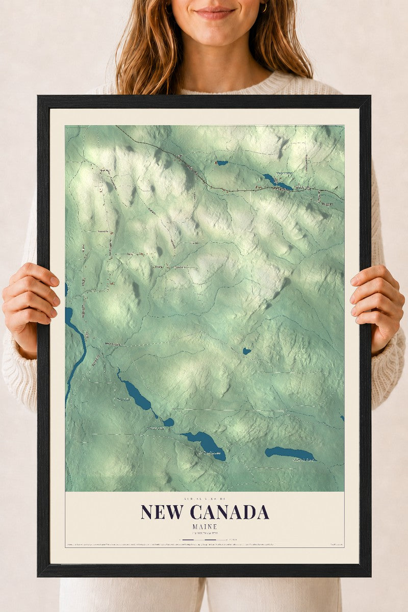 New Canada, Maine map print - 18 x 24 black Ayous wood frame