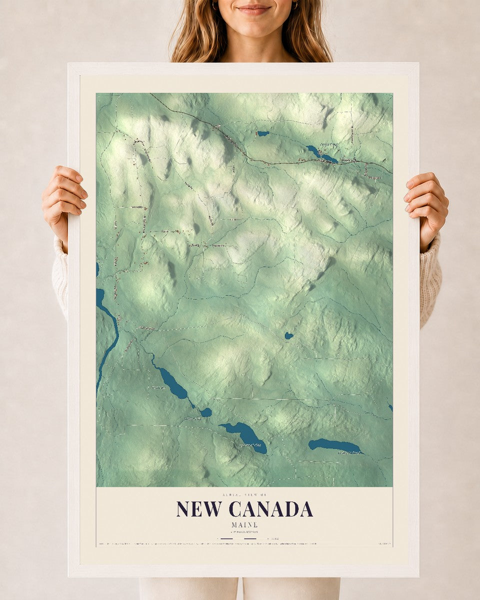 New Canada, Maine map print - 24 x 36 white Ayous wood frame