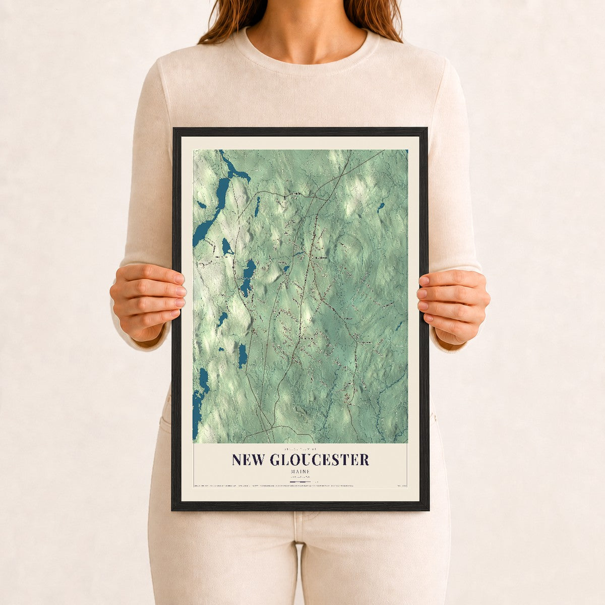 New Gloucester, Maine map print - 12 x 18 black Ayous wood frame