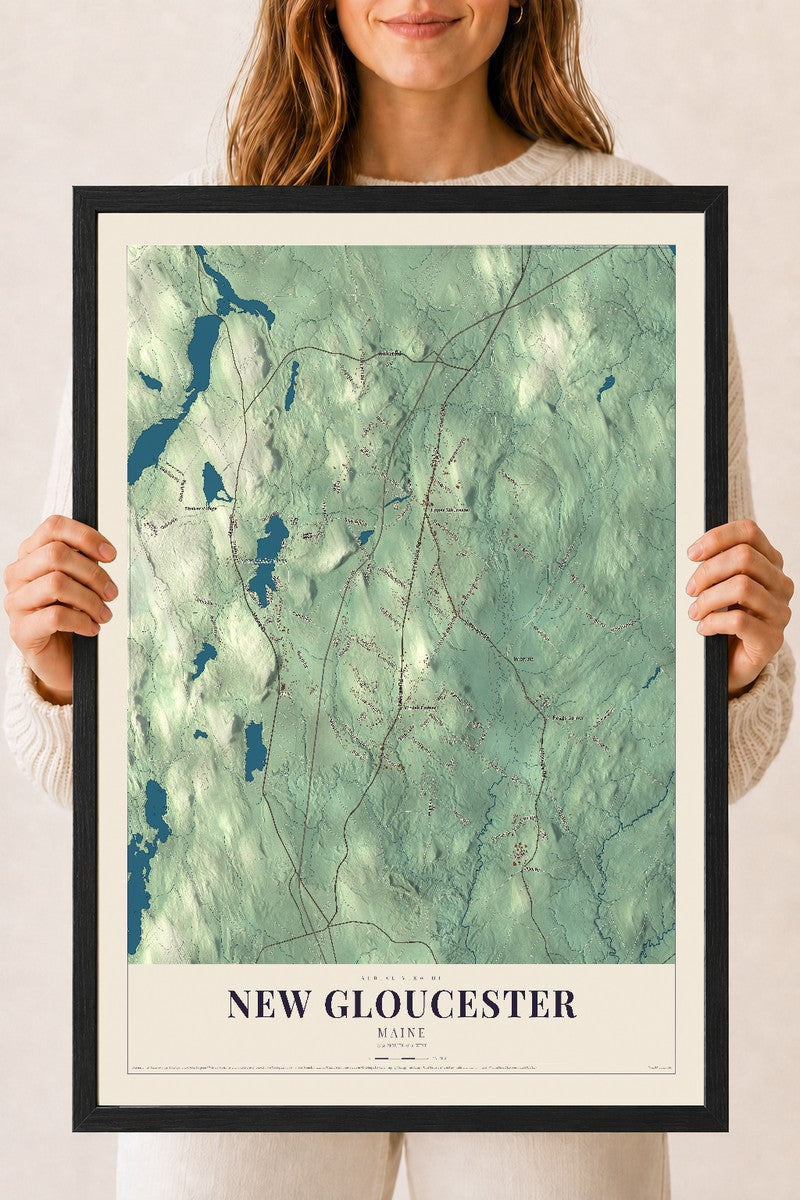 New Gloucester, Maine map print - 18 x 24 black Ayous wood frame