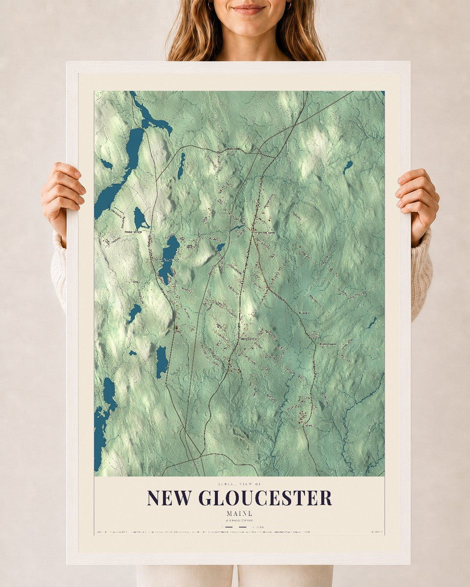 New Gloucester, Maine map print - 24 x 36 white Ayous wood frame