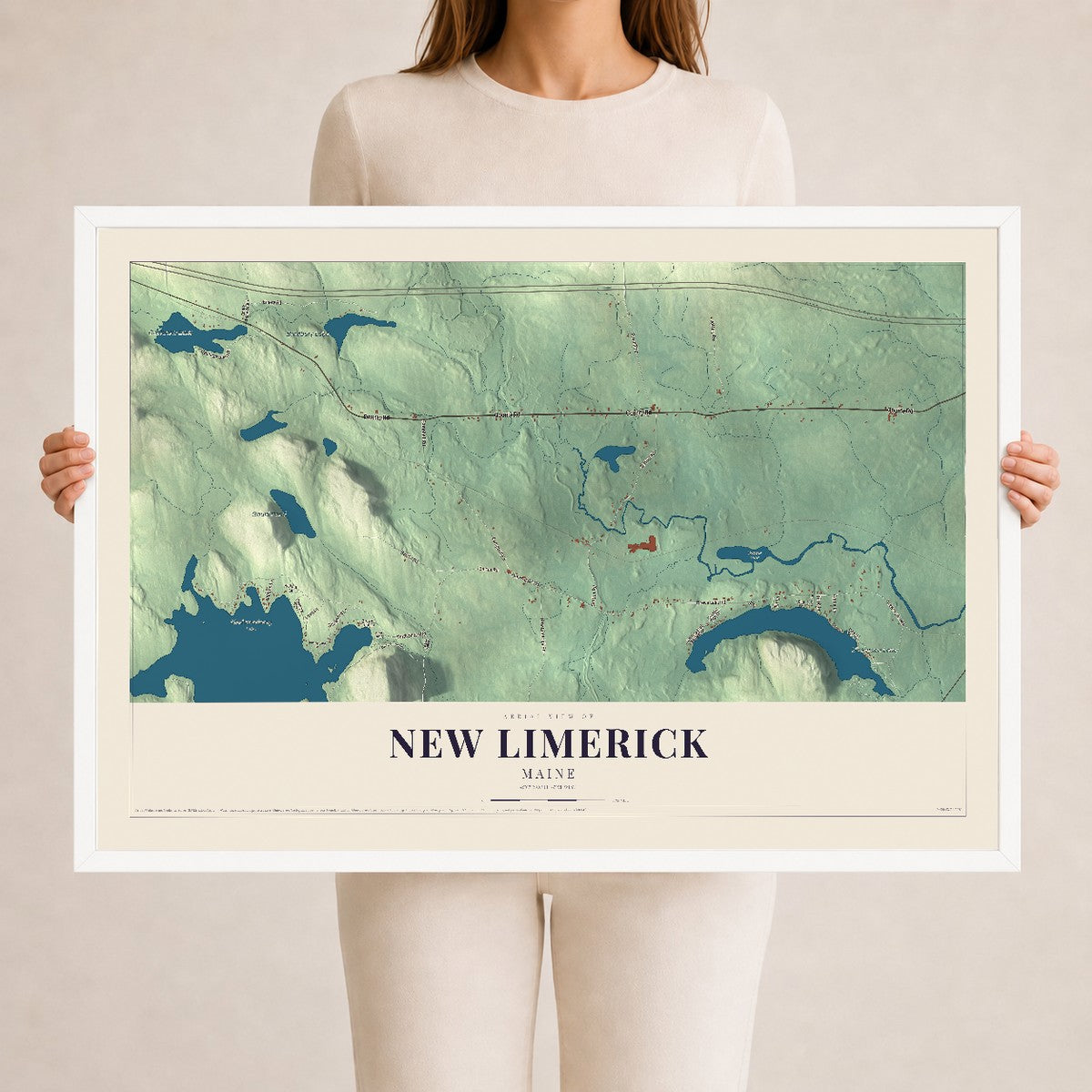 New Limerick, Maine map print - 24 x 36 white Ayous wood frame