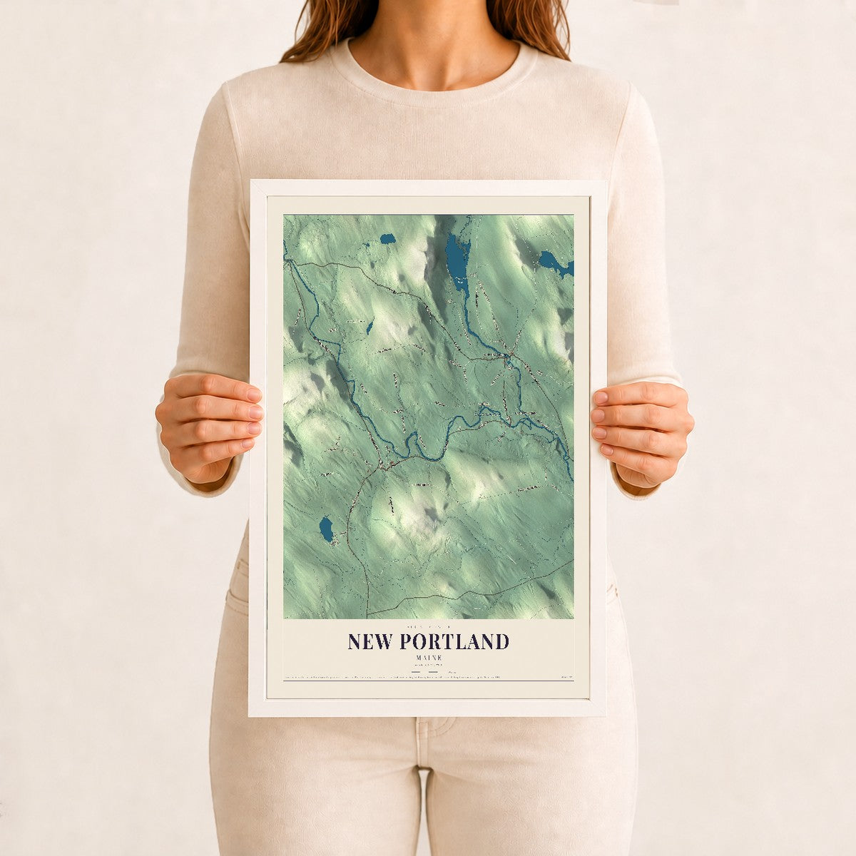 New Portland, Maine map print - 12 x 18 white Ayous wood frame