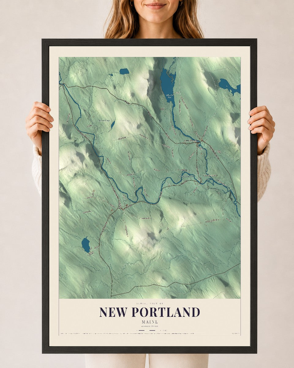 New Portland, Maine map print - 24 x 36 black Ayous wood frame