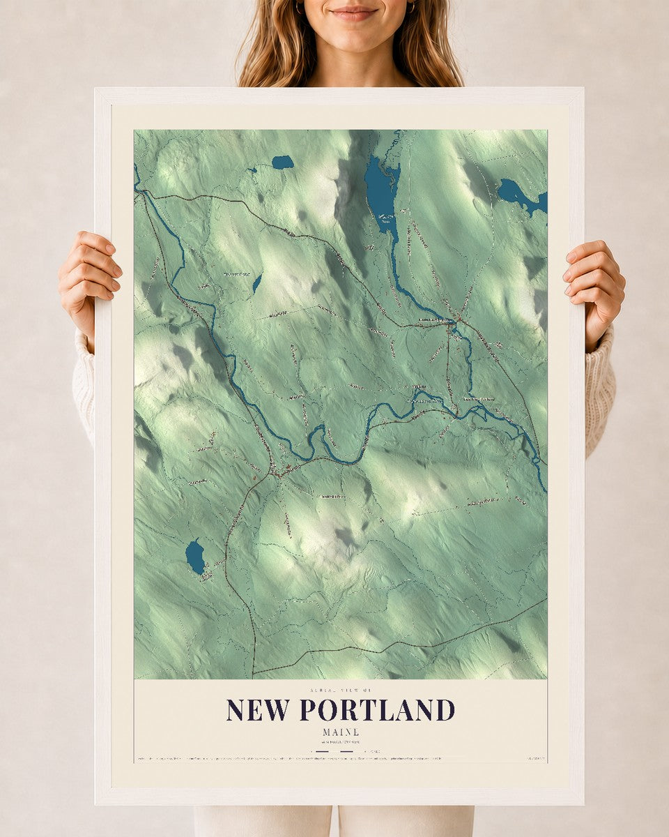 New Portland, Maine map print - 24 x 36 white Ayous wood frame