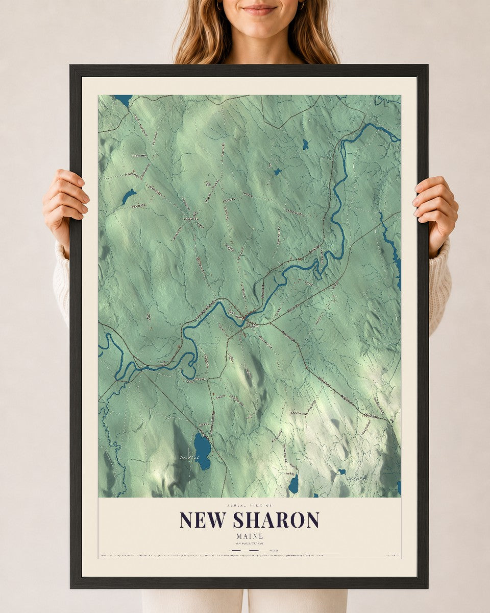 New Sharon, Maine map print - 24 x 36 black Ayous wood frame