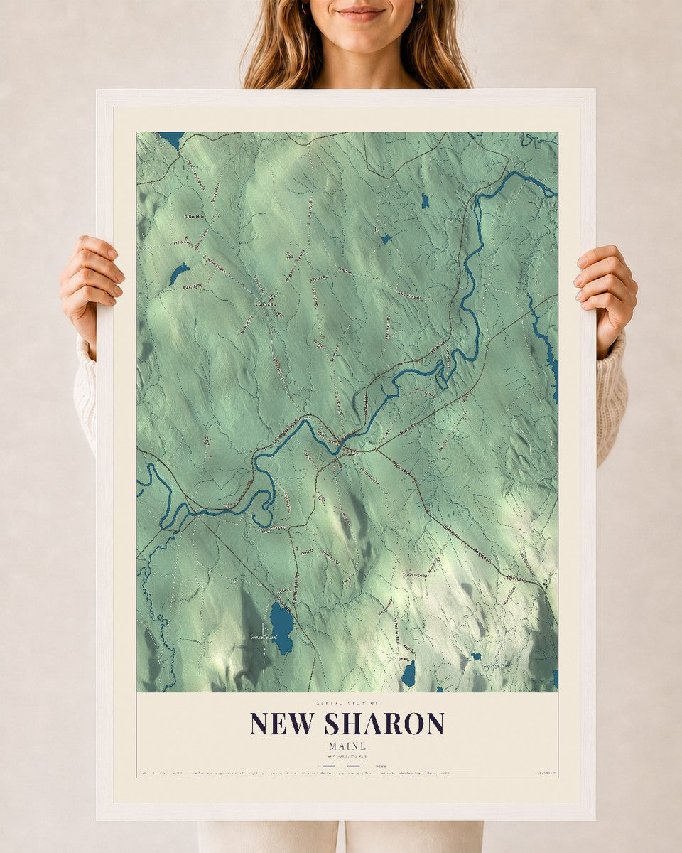 New Sharon, Maine map print - 24 x 36 white Ayous wood frame