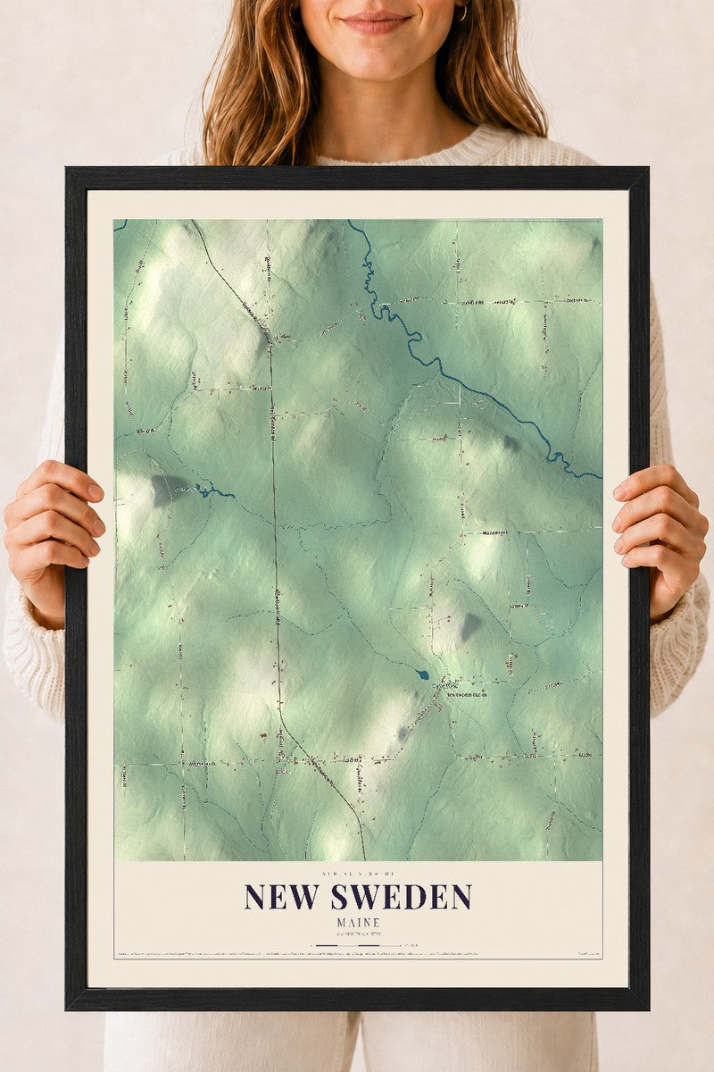 New Sweden, Maine map print - 18 x 24 black Ayous wood frame