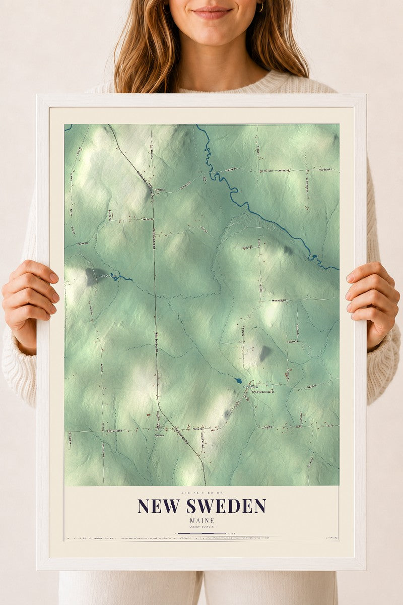 New Sweden, Maine map print - 18 x 24 white Ayous wood frame