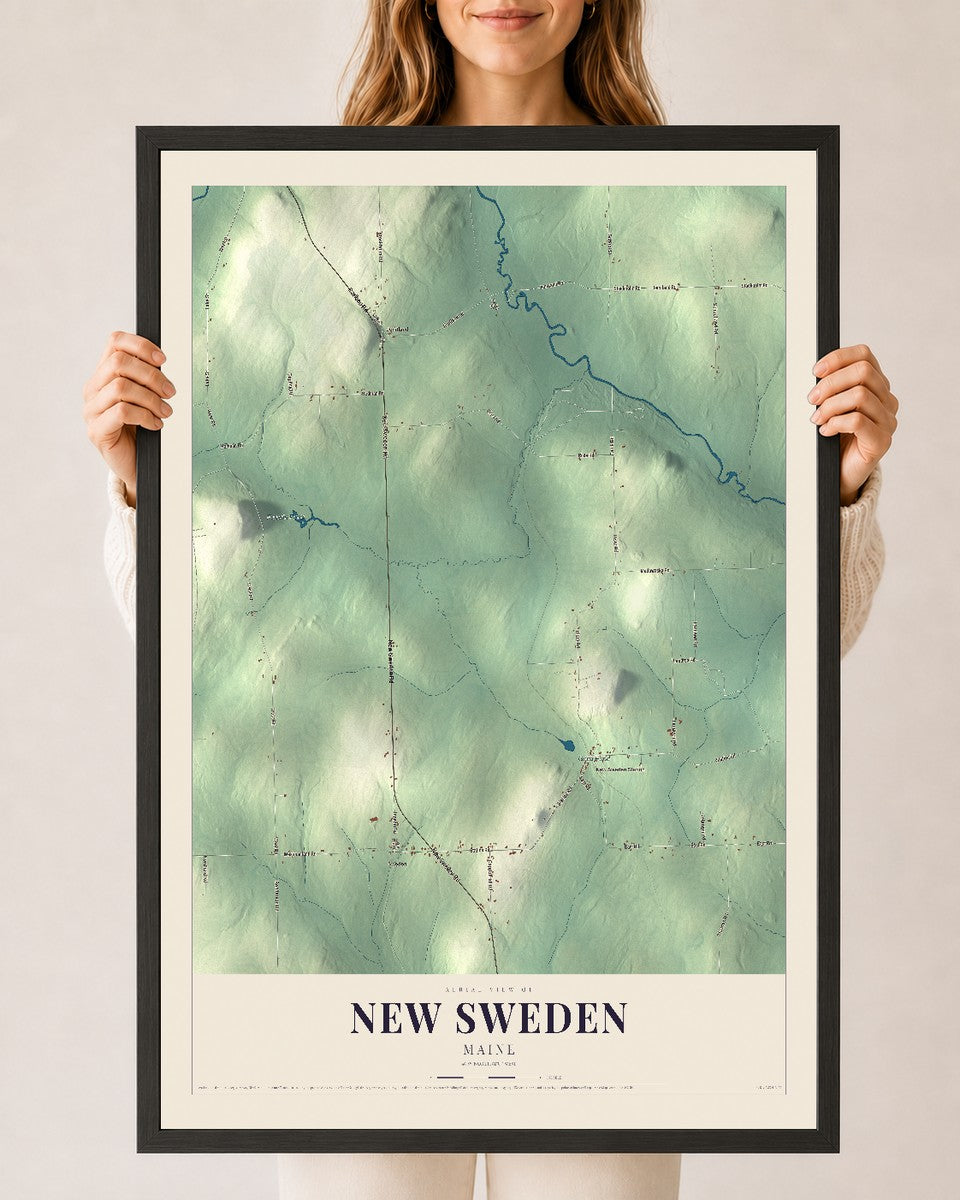 New Sweden, Maine map print - 24 x 36 black Ayous wood frame