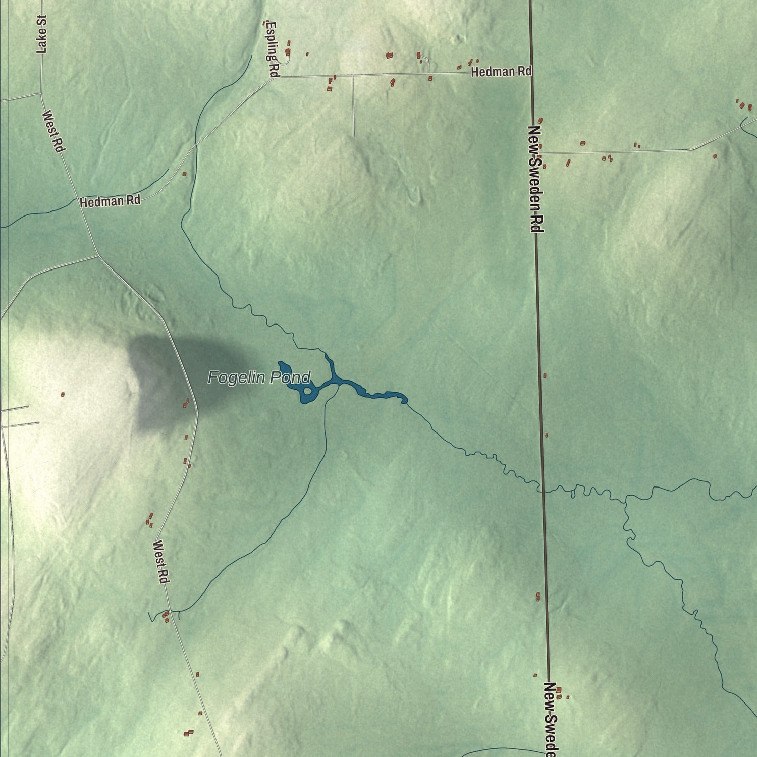 Terrain and local geography detail from the New Sweden, Maine map
