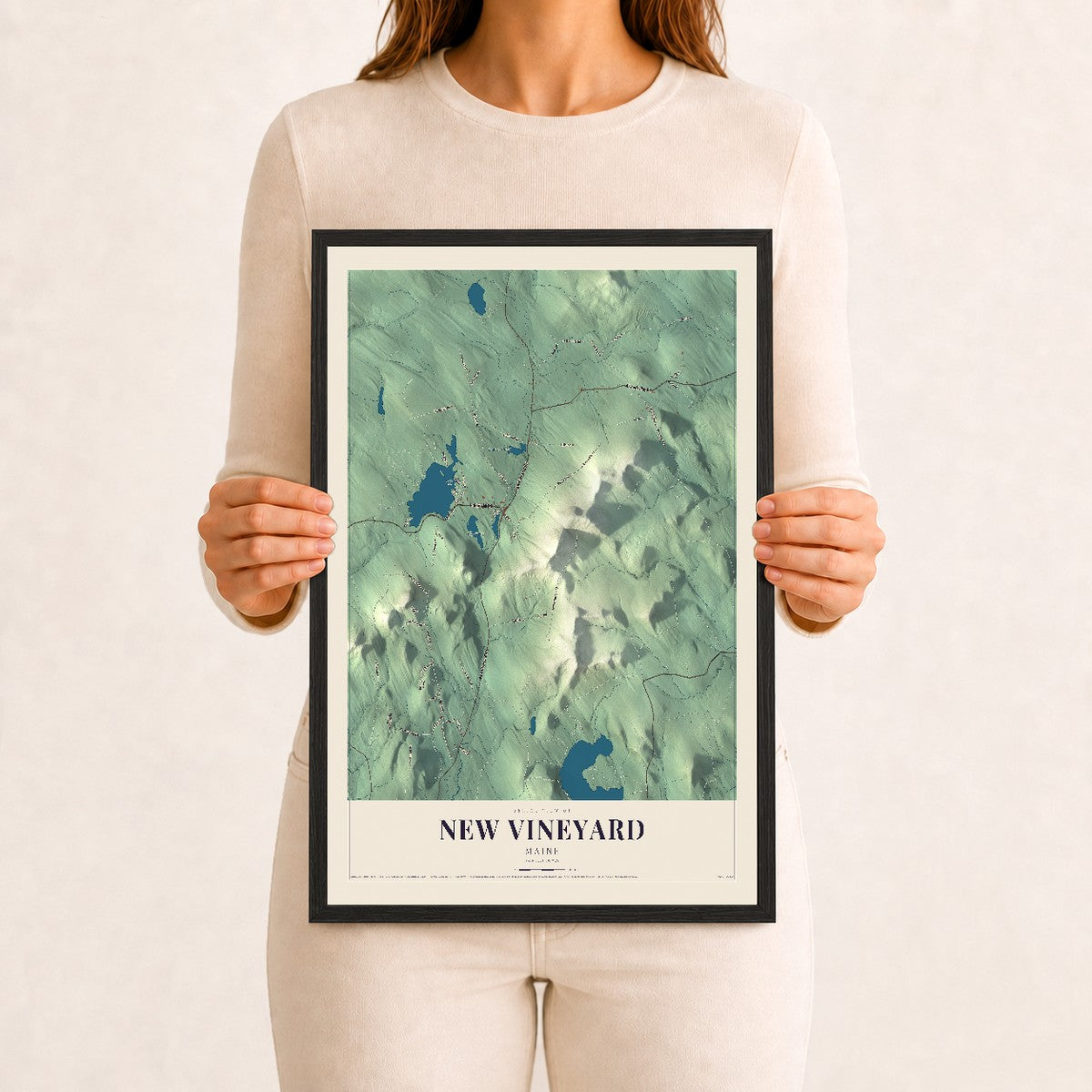 New Vineyard, Maine map print - 12 x 18 black Ayous wood frame