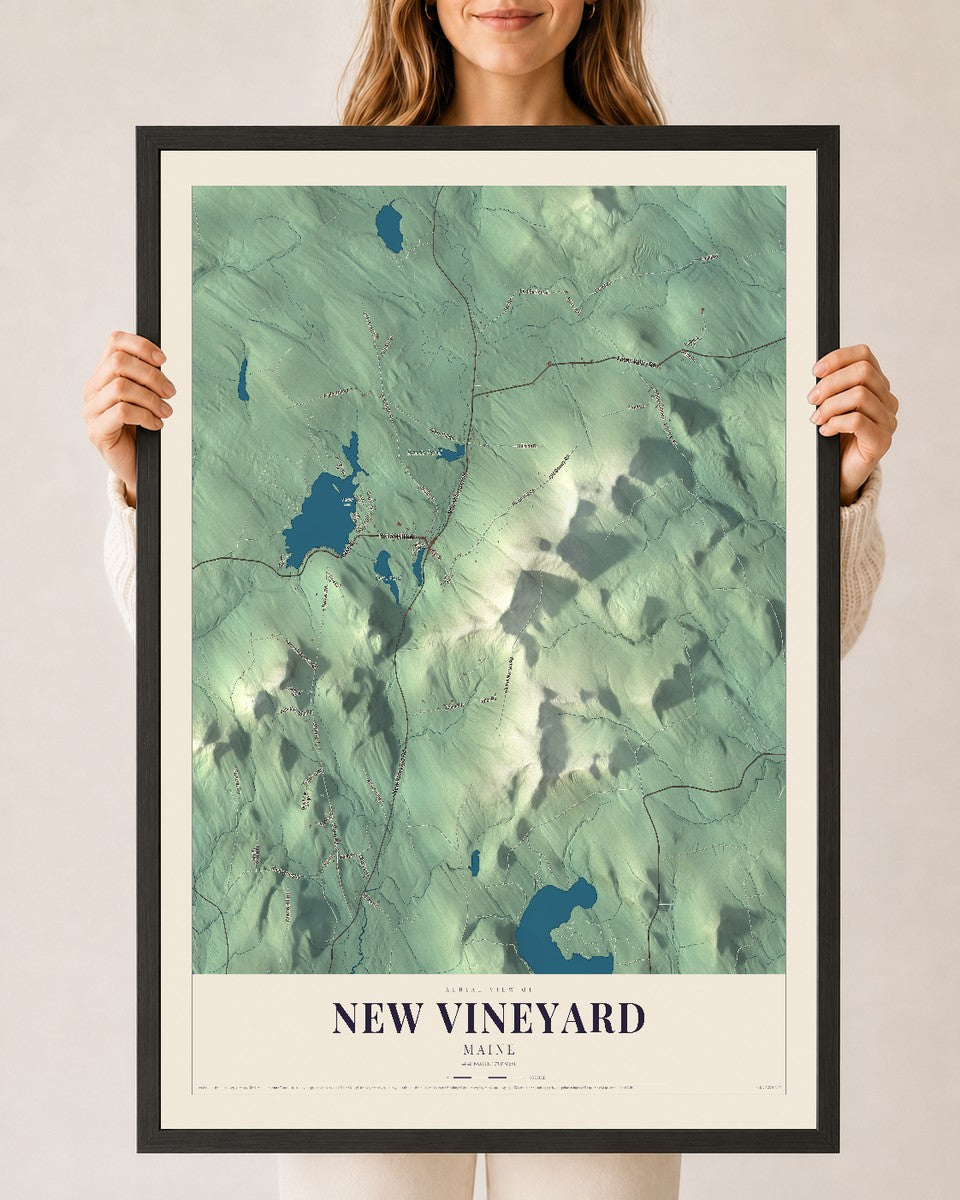 New Vineyard, Maine map print - 24 x 36 black Ayous wood frame