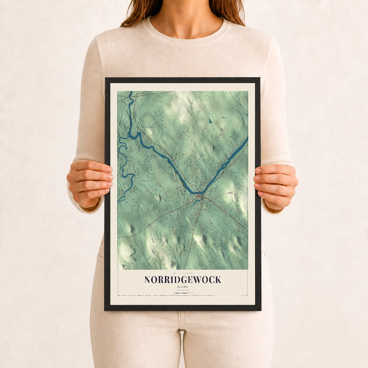 Norridgewock, Maine map print - 12 x 18 black Ayous wood frame
