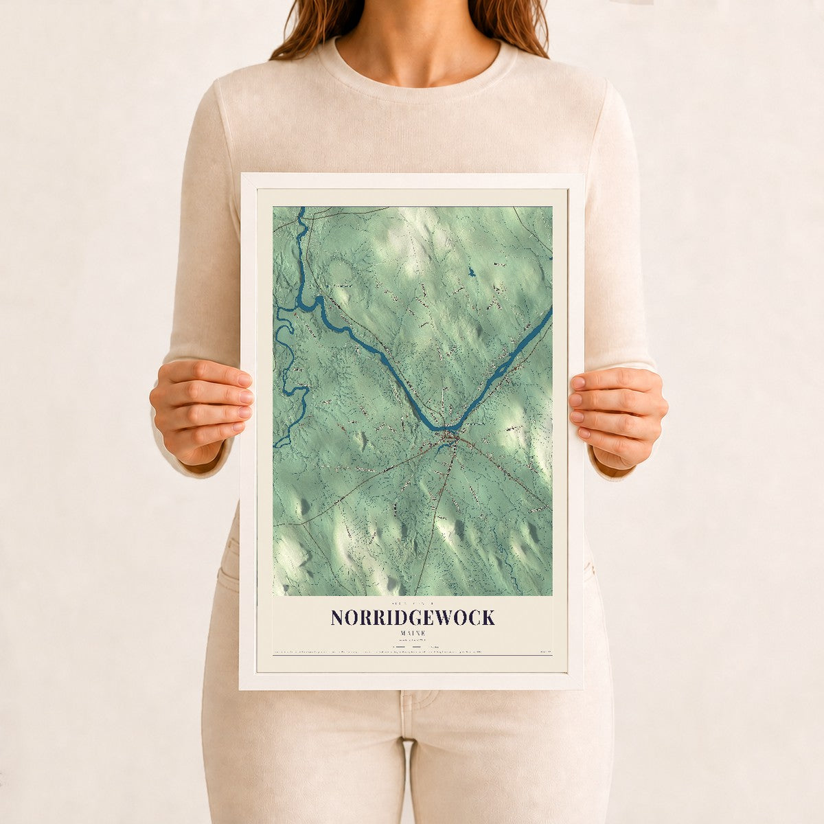 Norridgewock, Maine map print - 12 x 18 white Ayous wood frame