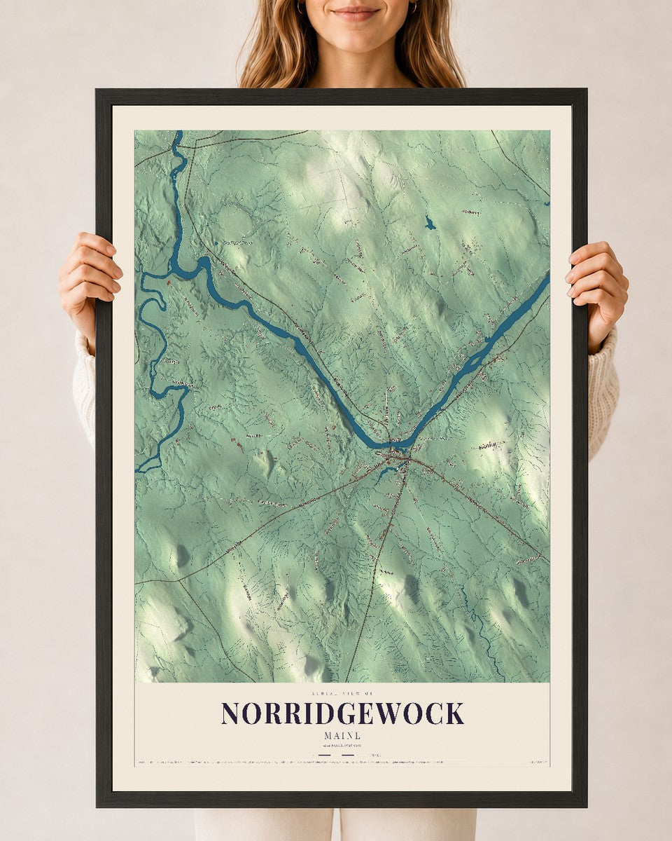 Norridgewock, Maine map print - 24 x 36 black Ayous wood frame