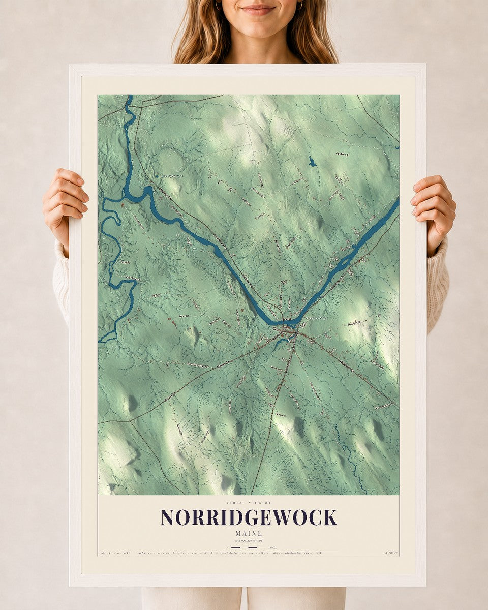 Norridgewock, Maine map print - 24 x 36 white Ayous wood frame