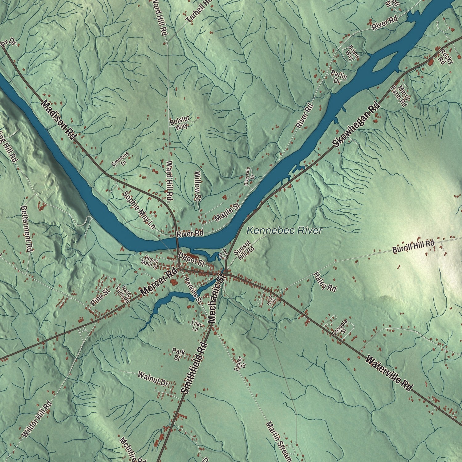 Terrain and local geography detail from the Norridgewock, Maine map