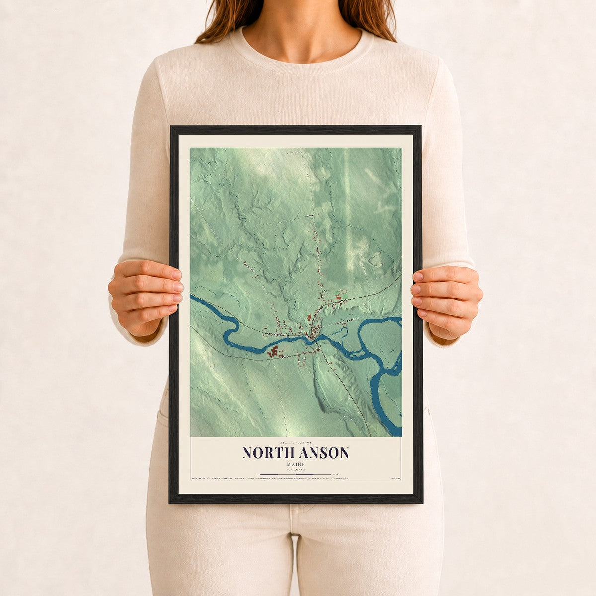 North Anson, Maine map print - 12 x 18 black Ayous wood frame