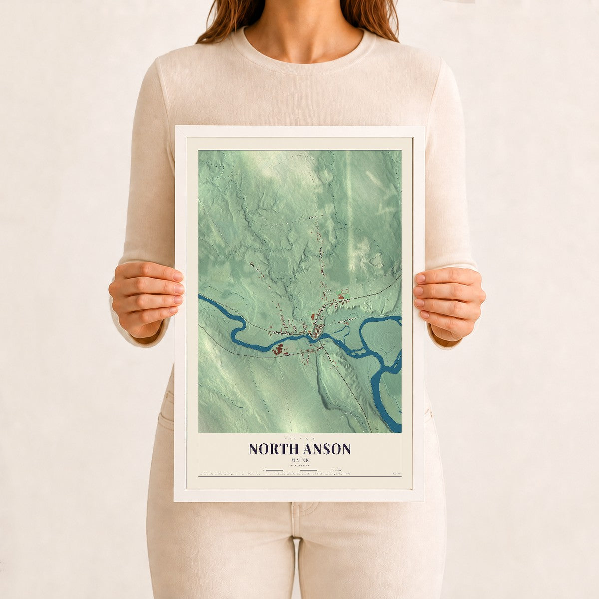 North Anson, Maine map print - 12 x 18 white Ayous wood frame