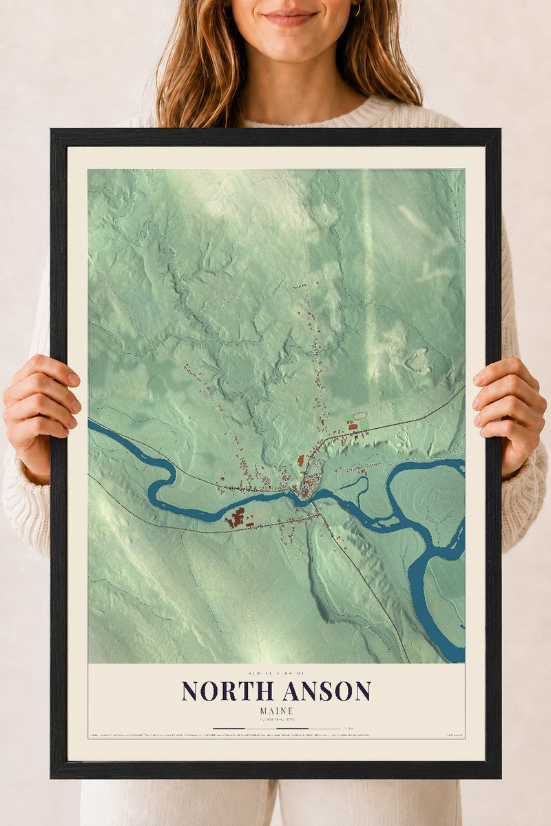 North Anson, Maine map print - 18 x 24 black Ayous wood frame