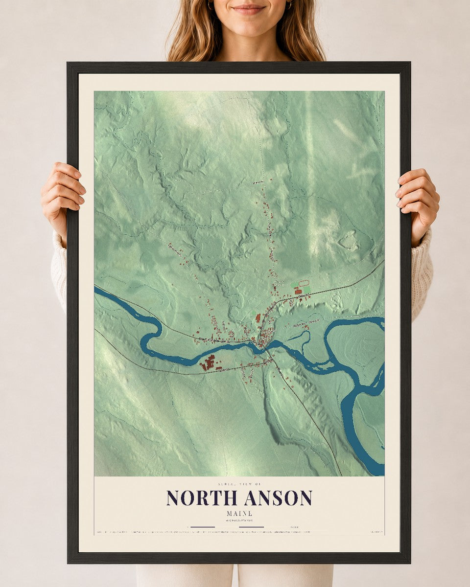 North Anson, Maine map print - 24 x 36 black Ayous wood frame