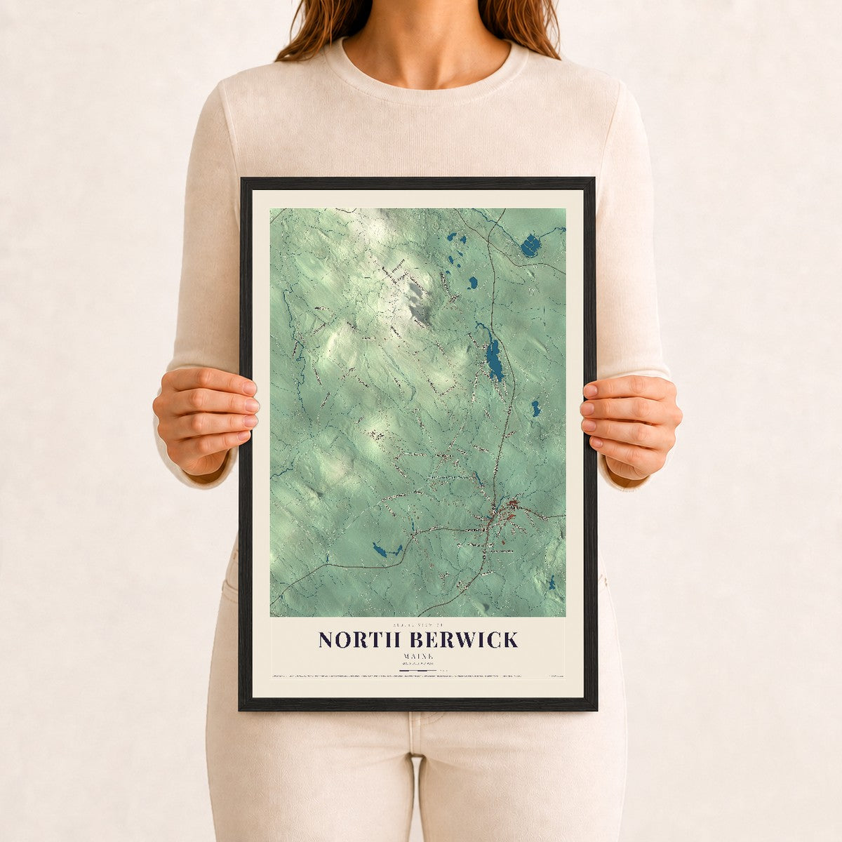 North Berwick, Maine map print - 12 x 18 black Ayous wood frame