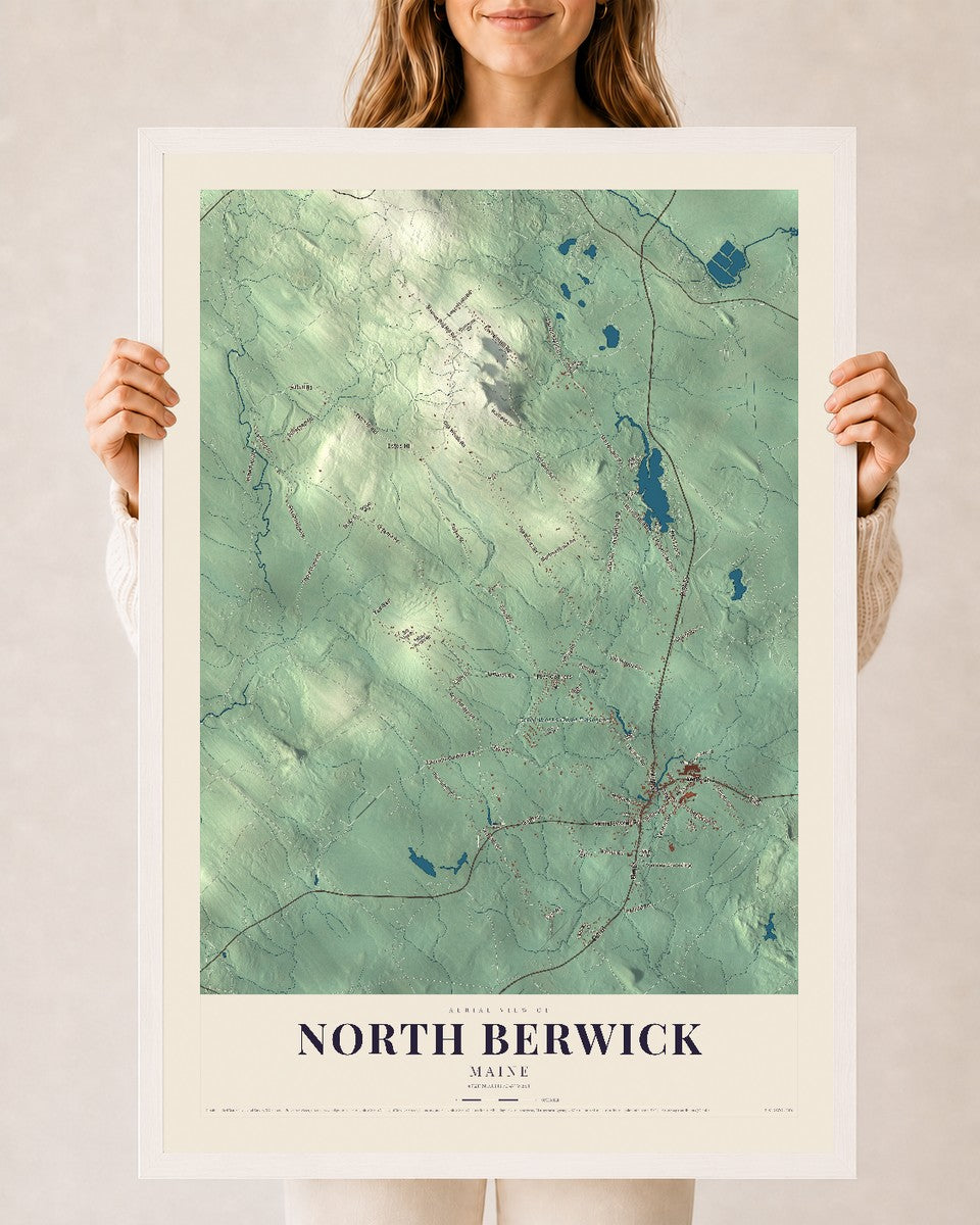 North Berwick, Maine map print - 24 x 36 white Ayous wood frame