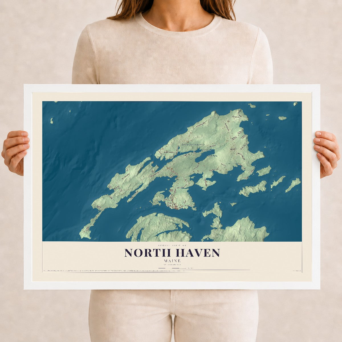 North Haven, Maine map print - 12 x 18 white Ayous wood frame