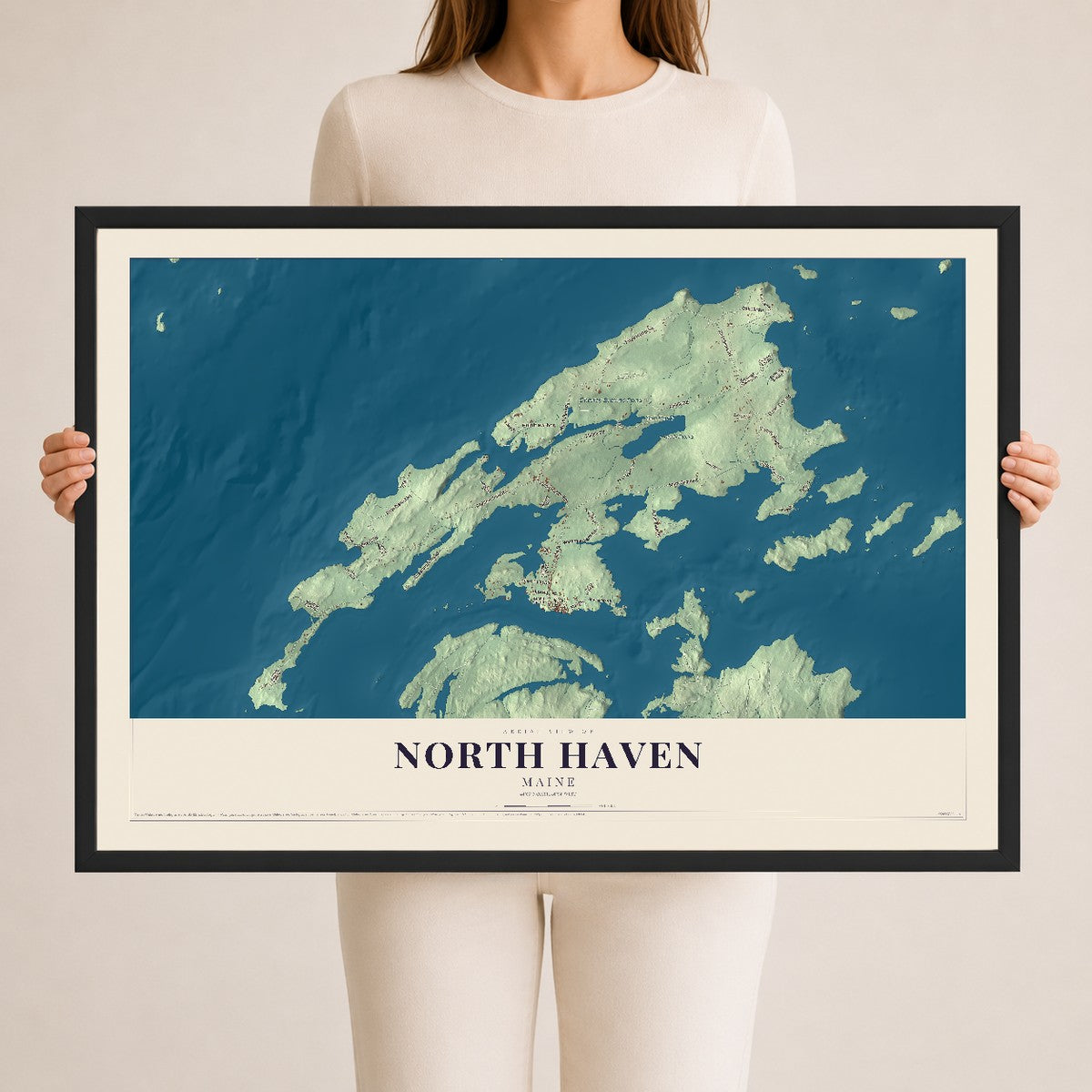 North Haven, Maine map print - 24 x 36 black Ayous wood frame