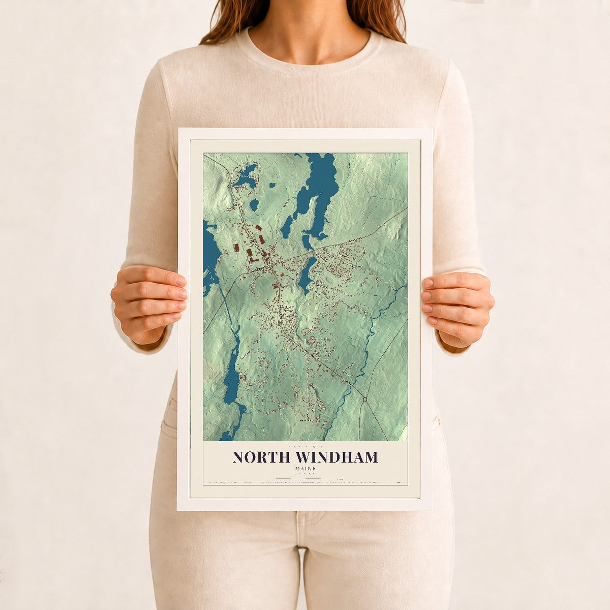 North Windham, Maine map print - 12 x 18 white Ayous wood frame