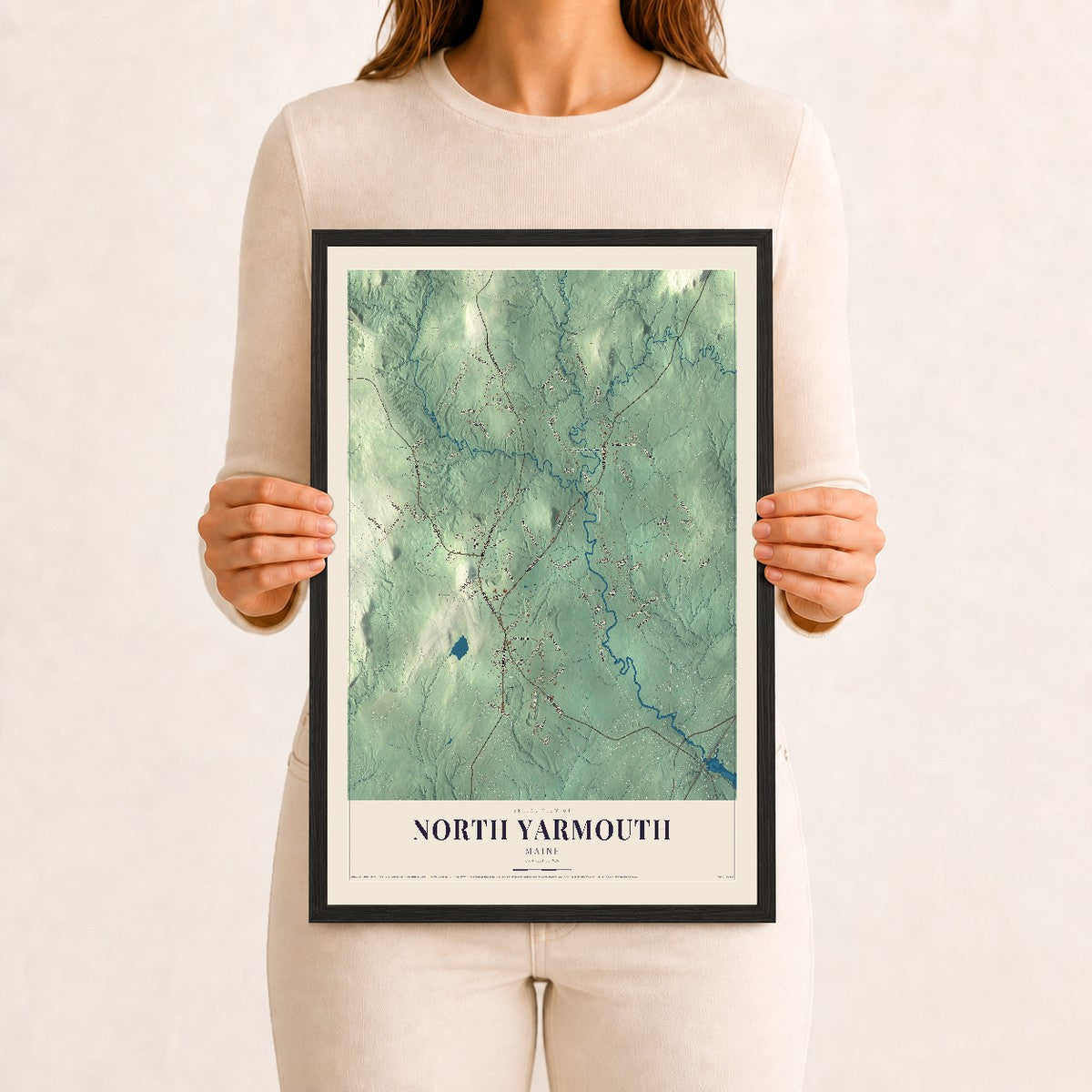North Yarmouth, Maine map print - 12 x 18 black Ayous wood frame