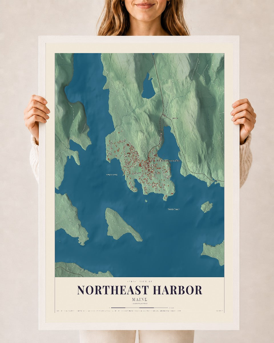 Northeast Harbor, Maine map print - 24 x 36 white Ayous wood frame