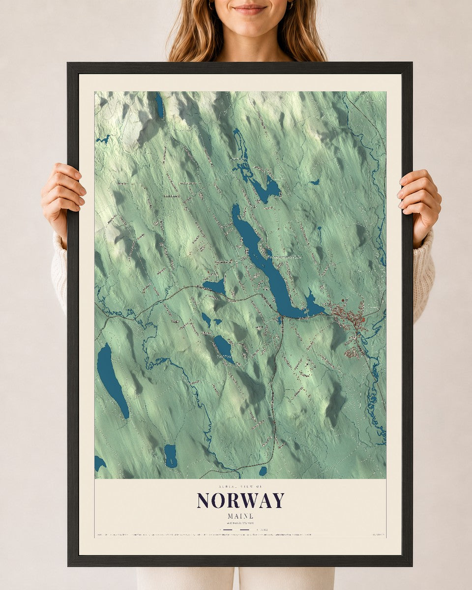 Norway, Maine map print - 24 x 36 black Ayous wood frame