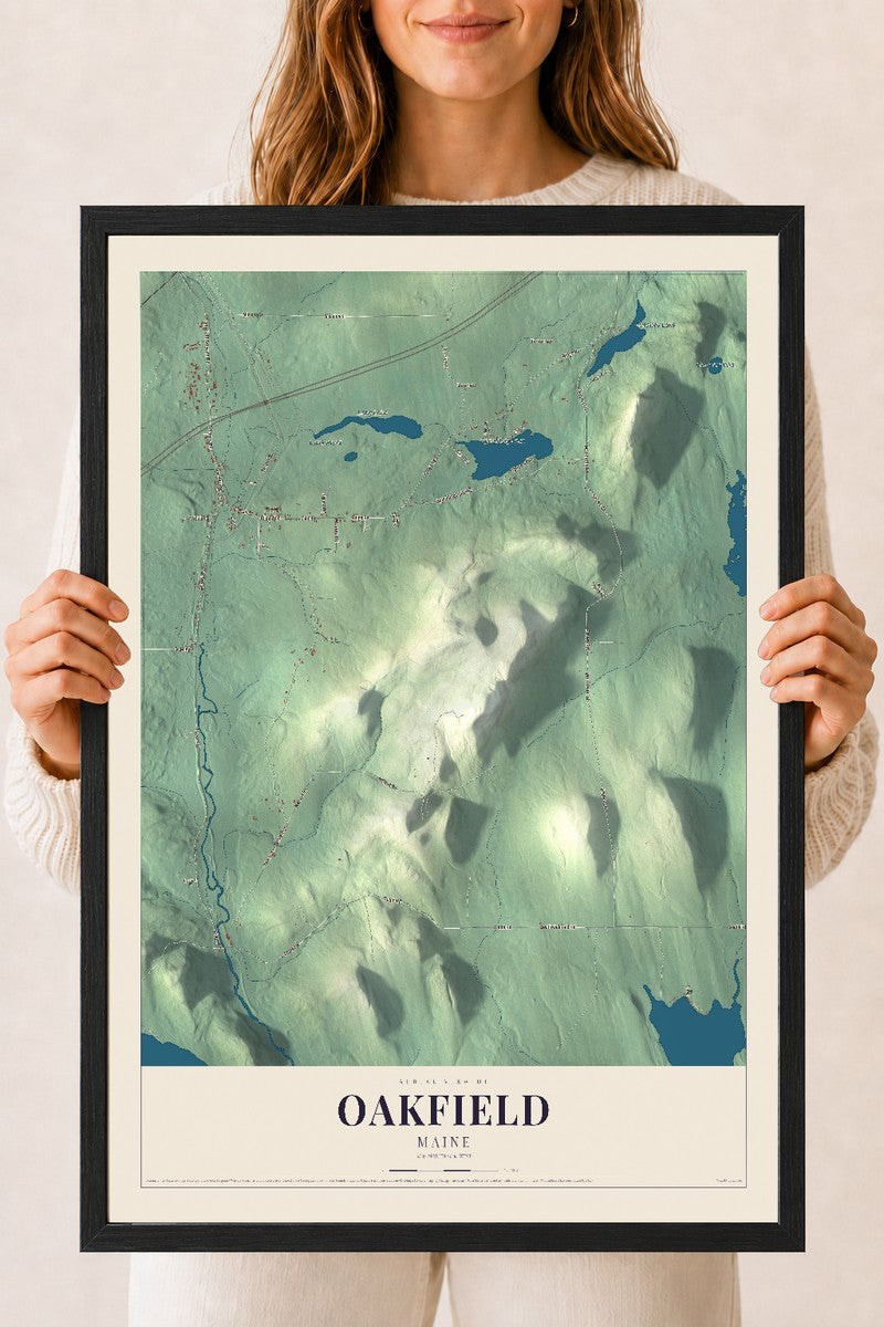 Oakfield, Maine map print - 18 x 24 black Ayous wood frame