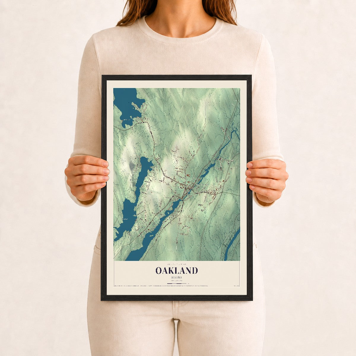 Oakland, Maine map print - 12 x 18 black Ayous wood frame