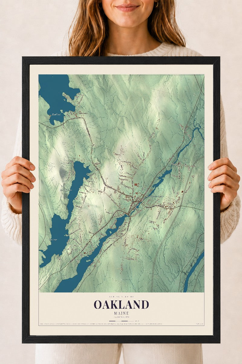 Oakland, Maine map print - 18 x 24 black Ayous wood frame