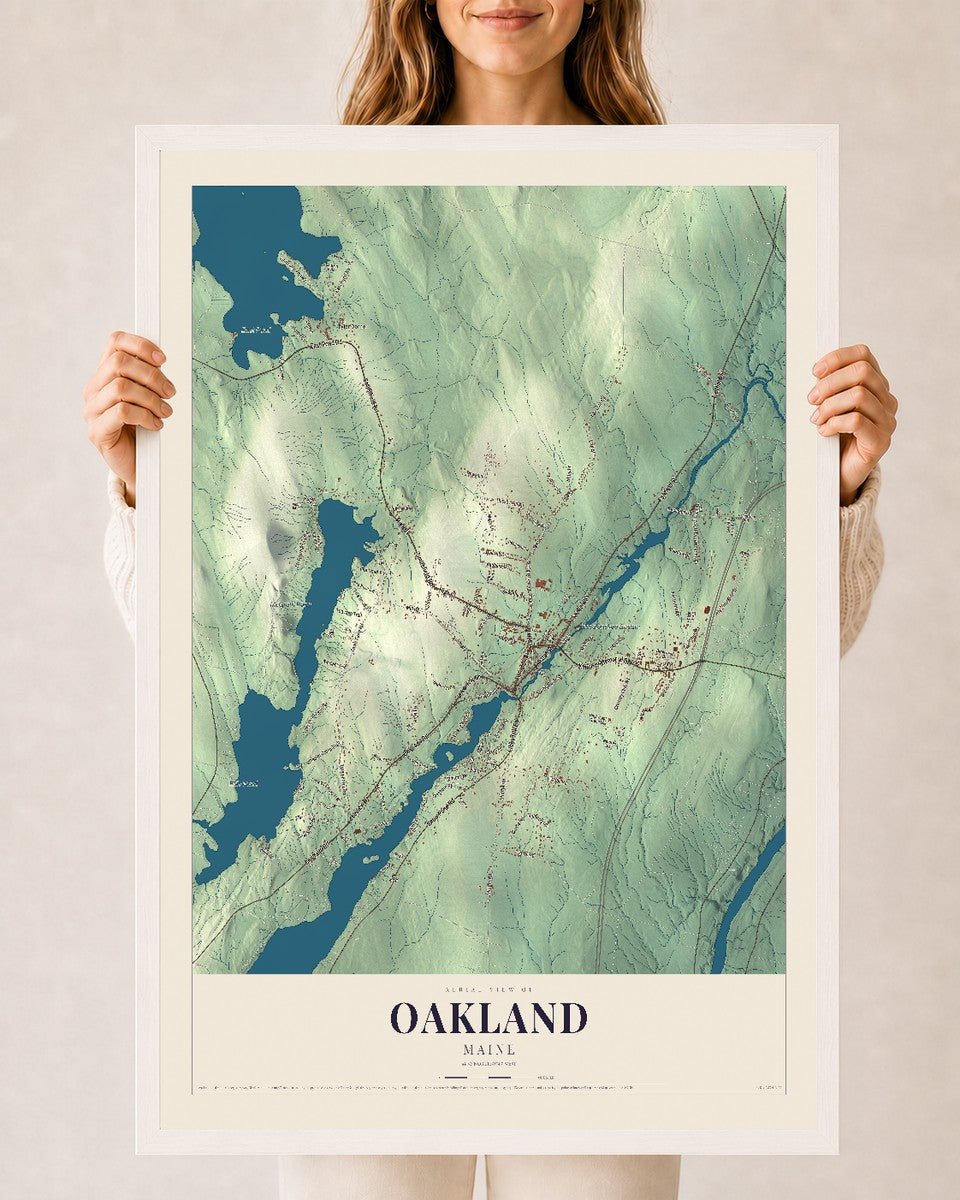 Oakland, Maine map print - 24 x 36 white Ayous wood frame