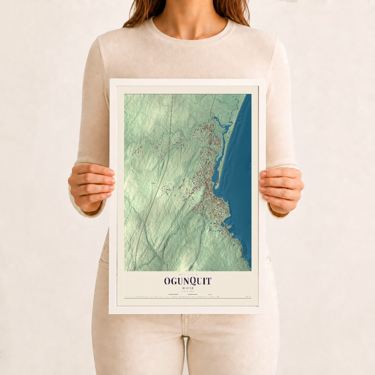 Ogunquit, Maine map print - 12 x 18 white Ayous wood frame