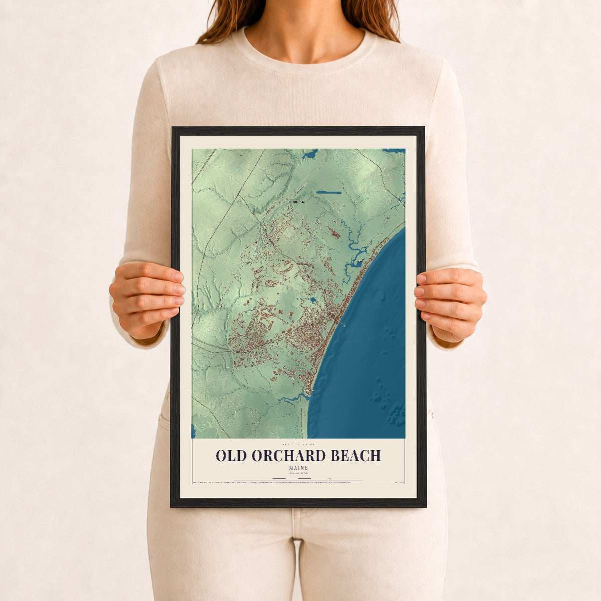 Old Orchard Beach, Maine map print - 12 x 18 black Ayous wood frame