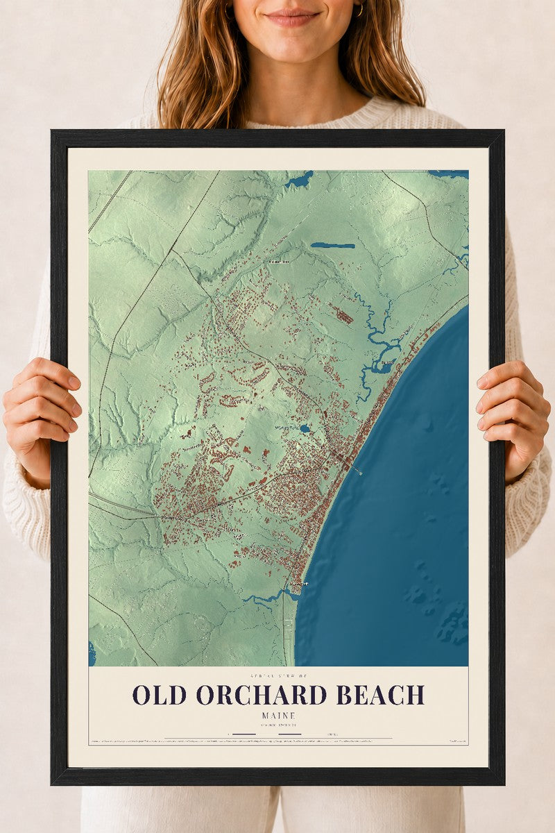 Old Orchard Beach, Maine map print - 18 x 24 black Ayous wood frame