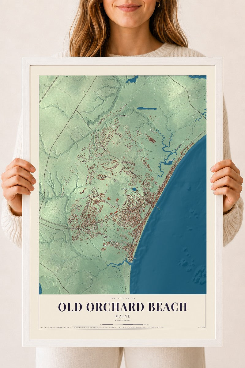 Old Orchard Beach, Maine map print - 18 x 24 white Ayous wood frame