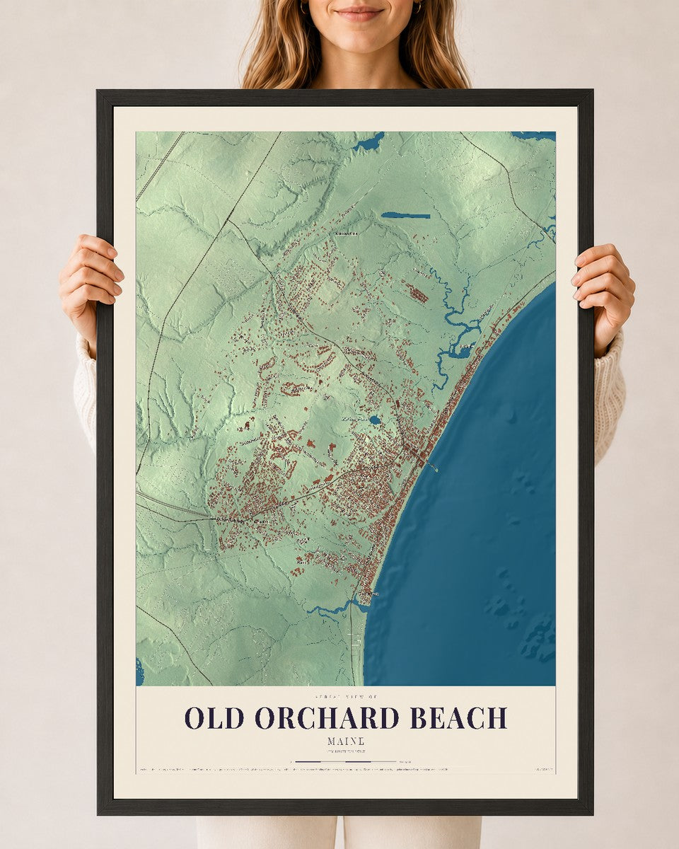 Old Orchard Beach, Maine map print - 24 x 36 black Ayous wood frame