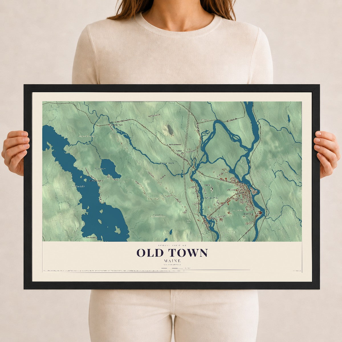 Old Town, Maine map print - 12 x 18 black Ayous wood frame