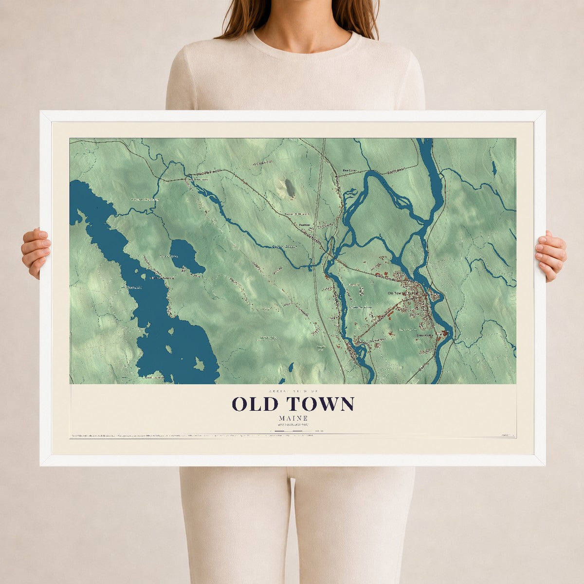 Old Town, Maine map print - 24 x 36 white Ayous wood frame